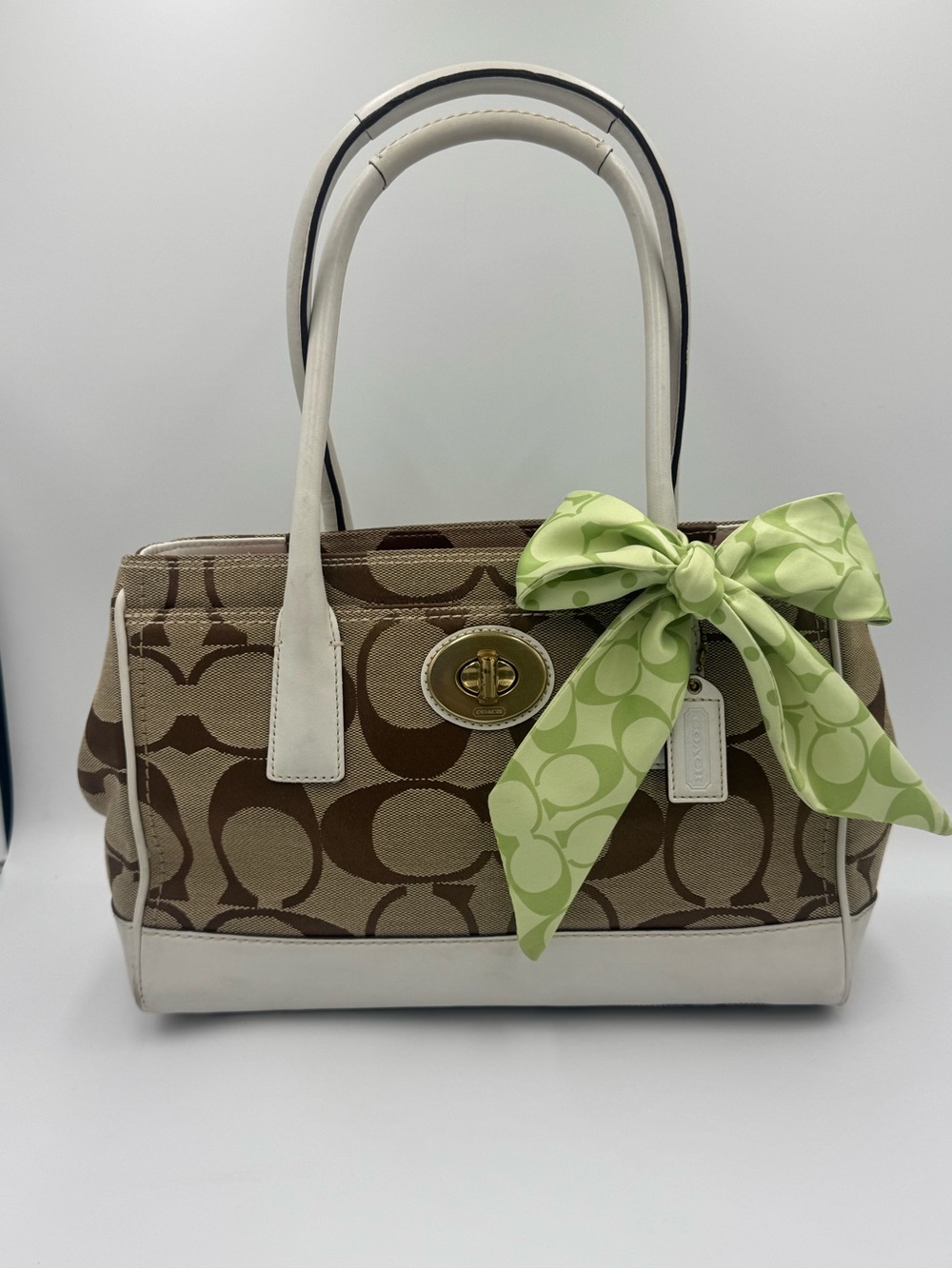 Coach Hampton Madeline Brown Signature Canvas Satchel with Green Scarf